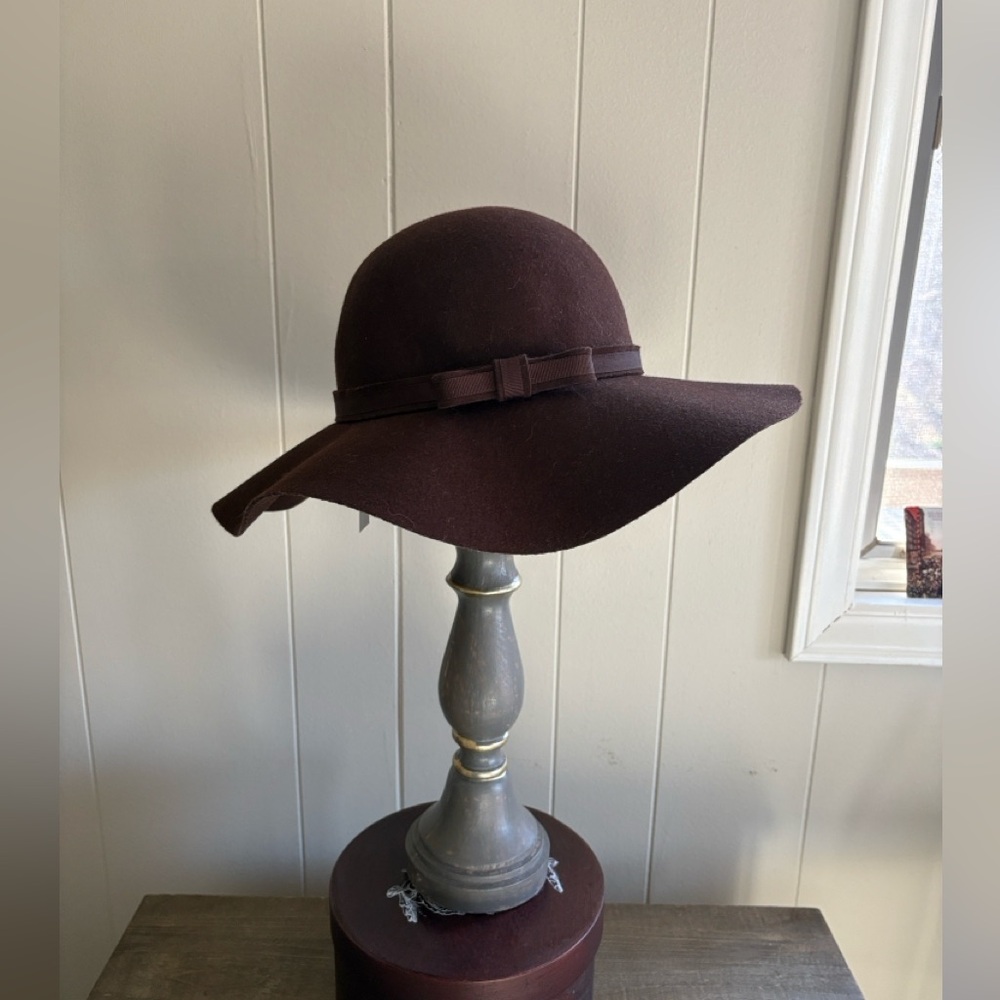 Brown Felt wool Wide Brim Hat with Bow Vintage with tag! Sz S